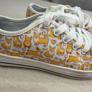 Corgi Print Canvas Sneakers White Lace Up Shoes Womens Size 6 EU 37 - Super Cute